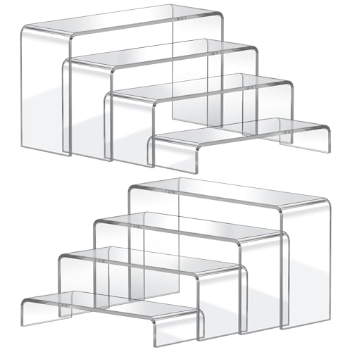 FUNFERY Acrylic Display Risers, 2 Set(7.8" L~8.2" L~8.6" L~9”L) Display Shelf for Figure, Collectibles, Cupcake, Clear Acrylic Stands for Dessert, Jewelry, Candy Showcase, 4 Tier Action Figure Stand - color: Clear, size: 8 Pcs