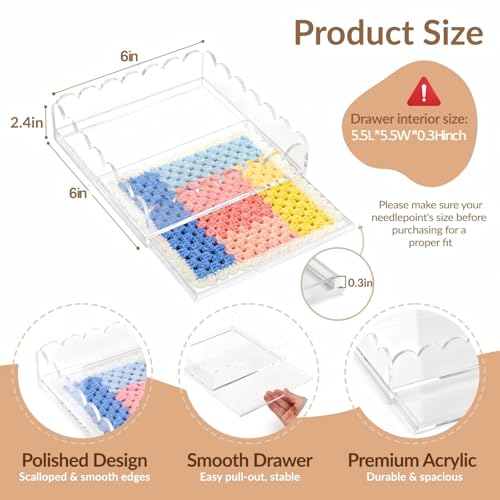 Acrylic Trays for Needlepoint 6" x 6", Scalloped Acrylic Tray with Drawer for Insert Needlepoint, Photos, Art, Fabric, Napkin, Messages Display Basket, Decorative Tray Gift for Home Office - size: 6''x6''x2.5''