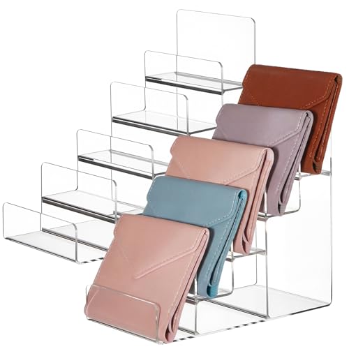 Kathfly 2 Pack Acrylic Display Stand for Purses & Wallets, Clear Riser Organizer Shelf for Perfume, Sunglasses, Cosmetics, Tiered Countertop Vendor Display for Fairs, Retail (5-tier) - size: 5-tier