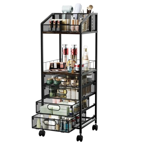 HapiRm Makeup Organizer Storage Cart - Floor Skincare Make Up Storage with 4 Drawers, Rolling Makeup Cart Vanity Organizer Cosmetics Display Cases Holder for Skin Care Perfume Nail Polish - color: Espresso