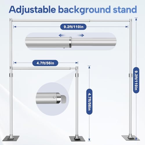Pipe and Drape Backdrop Stand Kit 9.2x9.2ft, Adjustable Heavy Duty Photography Background Frame with Metal Flat Base & Carry Bag for Wedding, Parties, Events, Trade Shows- Silver