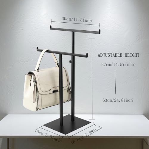 Purse Display Stand Jewelry Towers, Black Double T-Shaped Tabletop Stainless Steel Hook Hanging Adjustable Height Handbag Holder for Organizer Luxury Bags Necklaces Home Store Boutique Retail Closet - color: Black