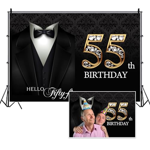 5x3ft Happy 55th Birthday Backdrop Gentleman Black Tuxedo Suit Necktie Hello Fifty Five Photography Background for Men Father Birthday Party Decorations Cake Table Banner Photo Studio Props - color: black gold 55, size: 5x3ft
