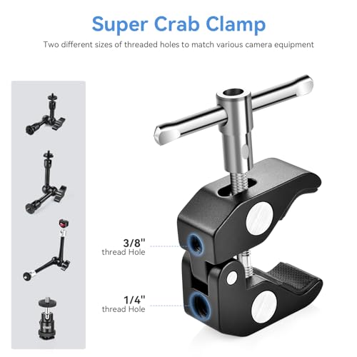UTEBIT 11" Adjustable Magic Arm with Super Clamp, 360 Ball Heads with ARRI 1/4" & 3/8" Thread Screw for Flash/LED Light/Microphone/Monitor, Compatible with SmallRig Camera Cage, Max Load: 4.4lb/2kg - size: 11inch