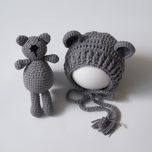 Zeroest Newborn Baby Boy Girl Photography Props Bear Hat Outfits Crochet Kint Handmade Cap Set for Newborn Photo Shoot - color: Grey