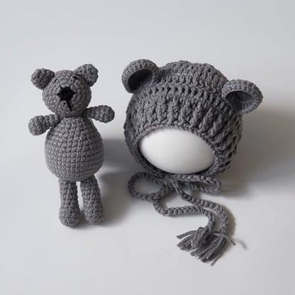 Zeroest Newborn Baby Boy Girl Photography Props Bear Hat Outfits Crochet Kint Handmade Cap Set for Newborn Photo Shoot - color: Grey