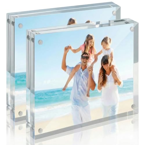 CATIFLIN 4x4 Acrylic Magnetic Picture Frame (2 Pack) - 20mm Thick Small Square Photo Frames, Clear Frameless Desktop Block for Instagram Prints, Mini Art & Pressed Flowers - size: 4x4