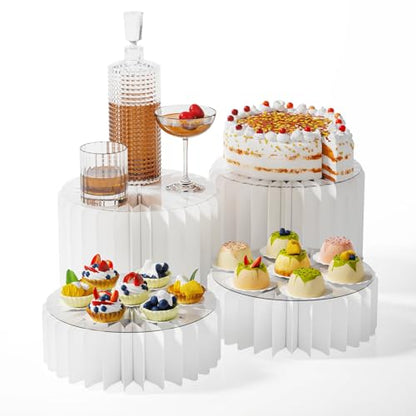 HeiMma 4 Pack Buffet Risers, FOLDABLE Accordion Food Display Risers for Dessert Table,Dessert Table Display Set, White Cardboard Cylinder Cake Cupcake Stands for Party, Multi-height, 12in Round