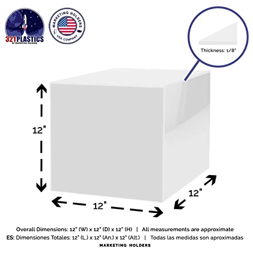 Marketing Holders 12” White Acrylic Display Box with One Open Side No Lid Versatile Square White Merchandise Storage Bin or Retail Product Riser No Assembly - color: 12" White
