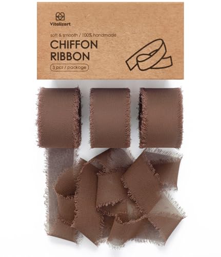 Vitalizart Brown Chiffon Silk Ribbon 1" x 21 Yd Fringe Fabric Package (3 Rolls * 7 Yd) for Wedding Invitations Bridal Bouquets Decorations Gifts Wrapping & Bow Making - color: brown