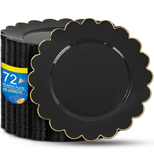 SUT 72 PCS Black Plastic Plates with Gold Rim, plates Disposable Heavy Duty, 10.25 inch plastic Dinner Plate, black Disposable plate for Party - color: Black/Gold, size: 10.25 Inch