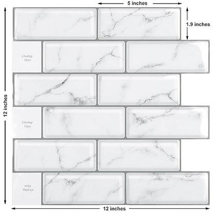 WESTICK Peel and Stick Backsplash Tile 10 Sheets Peel and Stick Subway Backsplash Grey Marble Back Splash Sticky Tiles Oil-Proof Tile Stickers Waterproof Wall Tiles for Kitchen Bathroom DIY 12”x12” - color: 2.Marble white