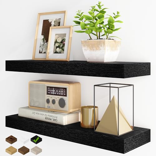 Fun Memories Floating Shelves for Wall, 24Inch Floating Shelves Set of 2, Hanging Shelf with Invisible Brackets, Wood Shelves for Living Room, Bedroom, Black - color: Black, size: 24"w X 6.5"d