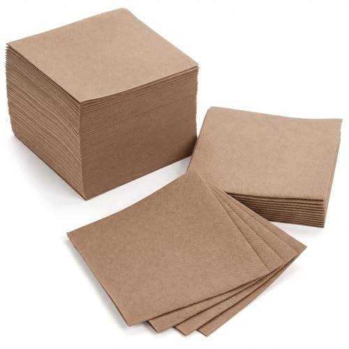 AH AMERICAN HOMESTEAD Paper Cocktail Napkins - Linen-Like Disposable Beverage Bar Napkins 4.75" x 4.75" - Bulk Square Napkins - Ideal for Party or Wedding (Light Brown -100 Count) - color: Light Brown, size: 4.75 x 4.75