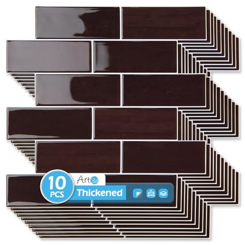 Art3d 10-Pack Heavy-Duty Peel and Stick Backsplash, 12 x 12 Inch Vinyl Seaglass Subway Design Stick on Wall Tile for Kitchen Living Room Home Decor, Dark Burgundy - color: Dark Burgundy