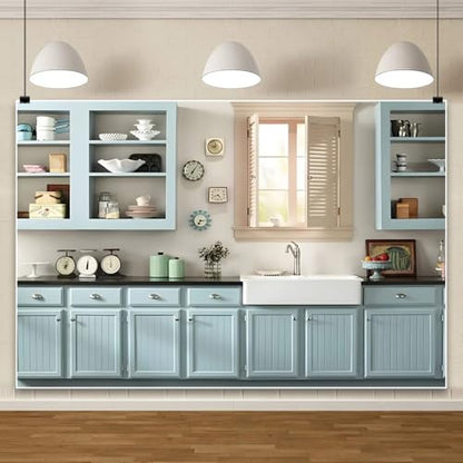 Laeacco 10x8ft Modern Kitchen Backdrop Kitchen Interior Light Blue Cabinet Tableware Photography Background Home Cuisine Cooking Baking Party Cake Table Decor Kids Adults Portrait Photo Booth Props - size: 10x8ft