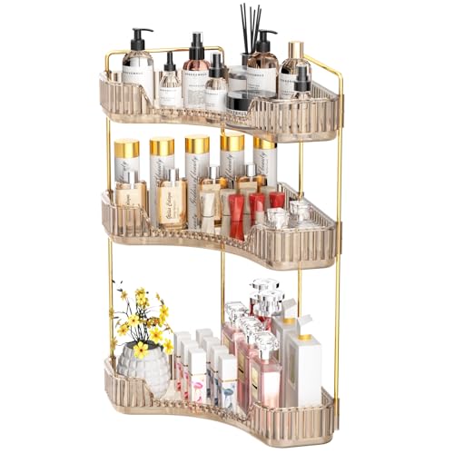 GTI 3-Tier Corner Bathroom Counter Organizer, Large Capacity Makeup Organizer Countertop, Perfume Cosmetics Skincare Vanity Organizers, Exquisite Countertop Storage for Women (Amber) - color: Amber, size: 10" x 10" x 17.5"