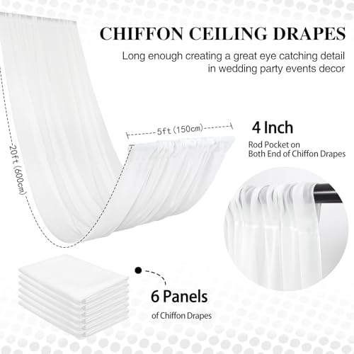 DUOBAO White Wedding Chiffon Ceiling 5x20FT Long Sheer Draping Fabric Photography Backdrops Soft Drapes Curtains for Weddings Arches Christmas Indoor Events, W 5' x L 20'-6 Panels, Snow - color: White, size: 60"W x 240"L (Pack of 6)