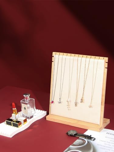 Bamboo Necklace Display Stand, Wood Jewellery Necklace Holder, Chain Jewelry Rack Organizer, Tabletop Display Boards for Home or Shop Sell Show (Beige Velvet) - color: Beige Velvet, size: Medium Size(10.8"X11.8")