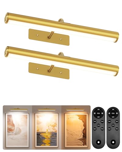 EZVALO Picture Lights for Wall, 16" Rechargeable 6000mAh Painting Lights with Remote, Wireless Dimmable 3 Color Temps Art Lights for Gallery, Living Room, Hallway (Gold, 2Pack) - color: Gold, size: 16inch