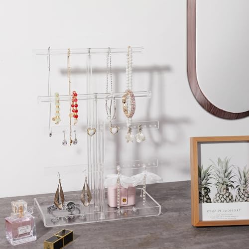 Acrylic Jewelry Organizer Stand with Tray, 4-Tier 14" Tall Tangle-Free Clear Jewelry Display Holder for Hanging Long Necklaces & Bracelets, 40 Earring Holes, Tower Tray Storage for Rings Watch Perfum - color: Clear, size: 4-Tier