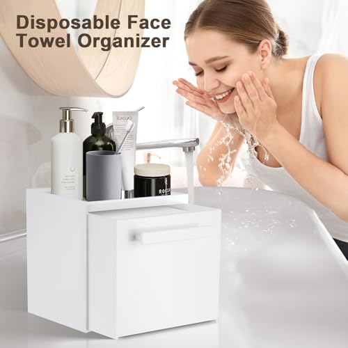 Disposable Face Towel Storage Box Compatible with Clean Skin Club Clean Towel XL Acrylic Facial Towels Holder with Drawer Wall-Mounted Makeup Organizer for Vanity, Bathroom (Glossy White) - color: Glossy White