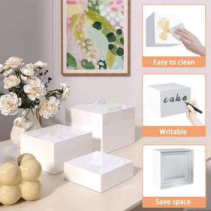 Buffet Risers, Food Display Risers for Party, White Acrylic Risers Display Stand for Buffet Table, Catering Displays for Dessert, Cube Box Nesting Riser with Hollow Bottoms (8"x9"x10" 3PCS) - color: 8"x9"x10" 3PCS White