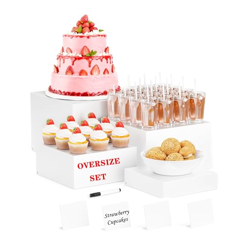 Metal Buffet Risers,4PCS OVERSIZED Food Risers for Buffet Table 8IN to 11IN Display Stand with Mini Acrylic Signs for Catering Dessert Wedding Collectibles Jewelry Figures Show Grayish White Cube Boxes Nesting Risers with Hollow Bottoms - color: Grayish W