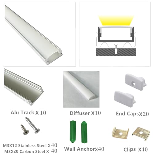 THMOOTHER LED Strip U Channel Diffuser 10-Pack 6.56FT,17X7.5MM Surface Mounted Tape Light Aluminum Track with Milky Cover Cabinet,Stairs,Counter,Wall Flush Installed Low Profile - color: Silver