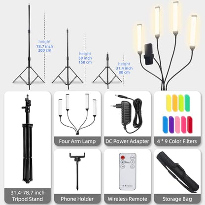 LED Video Light Kit with Four-arms, Studio Light for Video Recording Photography Lighting Kit, Dimmable LED Floor Light for Lash Techs, Estheticians & Tattoo Artists with Tripod Stand&Photography Bag
