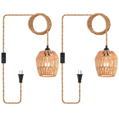Plug in Pendant Light, Industrial Hanging Light with Plug in Cord Hemp Rope On/Off Switch Farmhouse, Vintage Pendant Light Fixture, Hanging Lamps for Dining Room - color: 5.5 IN Rattan
