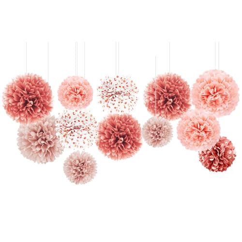 NICROLANDEE Wedding Decorations - 12 PCS Rose Gold Tissue Paper Pom Poms for Engagement Party Wedding Birthday Bridal Shower Bachelorette Baby Shower Ceiling Valentine's Day Party Backdrop Decor - style: Rose Gold