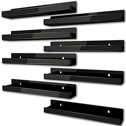 8 Pack 15 Inch Black Acrylic Shelves, Black Kids Floating Bookshelf for Kids Room, Modern Nail Polish Rack Sunglasses Essential Oil Picture Ledge Display Toy Storage Wall Shelf - color: 15in-black- 8 Pack