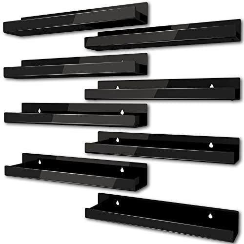 8 Pack 15 Inch Black Acrylic Shelves, Black Kids Floating Bookshelf for Kids Room, Modern Nail Polish Rack Sunglasses Essential Oil Picture Ledge Display Toy Storage Wall Shelf - color: 15in-black- 8 Pack