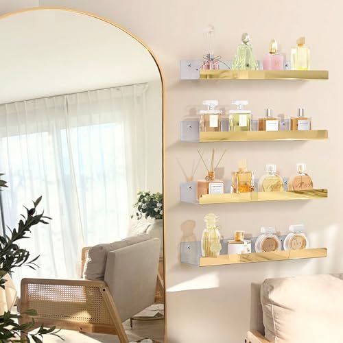 2 Pack 24 Inch Gold Reflective Acrylic Shelves, Gold Foating Shelves, Modern Sunglasses Essential Oil Picture Ledge Display Toy Storage Shelf - color: 24in-gold Mirror