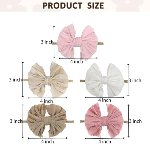 5PCS Baby Girl Bow Headbands Soft Stretchy Nylon Hair Bows for Newborn Infant Toddler Cute Solid Color Bowknot Headwear for Party Photo Props Gifts(Mixed, Elastic)
