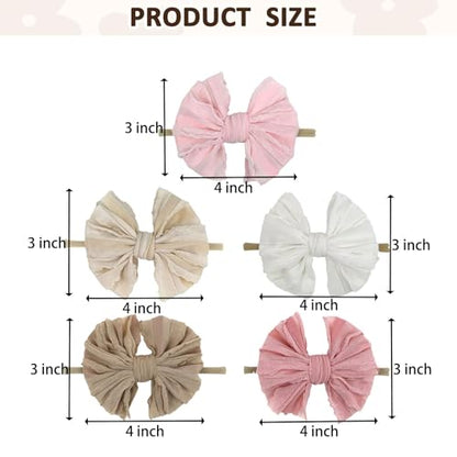 5PCS Baby Girl Bow Headbands Soft Stretchy Nylon Hair Bows for Newborn Infant Toddler Cute Solid Color Bowknot Headwear for Party Photo Props Gifts(Mixed, Elastic)