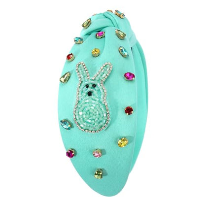 NVENF Easter Headband for Women Beaded Easter Rabbit Bunny Headband White Pink Crystal Pearl Knotted Hairband Happy Easter Hair Accessories Spring Holiday Headwear Outfits Gifts (Bunny A -Blue) - color: Bunny A -Blue