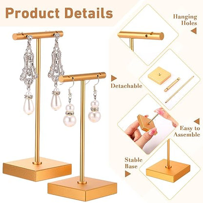 Kigeli 6 Pack Metal Bar Earring Display Stand Retail Earring Display Holder Detachable Metal Display Storage Rack Jewelry Photography Prop, Square Base, Height 4.3" and 5.1"(Gold) - color: Gold