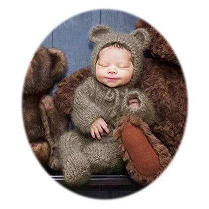 2Pcs Newborn Photography Props Boy Photo Posing Outfits Baby Photoshoots Girl Crochet Bear Hat Romper - color: Brown