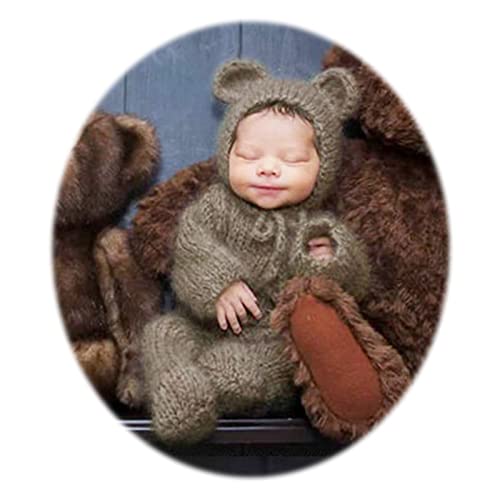 2Pcs Newborn Photography Props Boy Photo Posing Outfits Baby Photoshoots Girl Crochet Bear Hat Romper - color: Brown