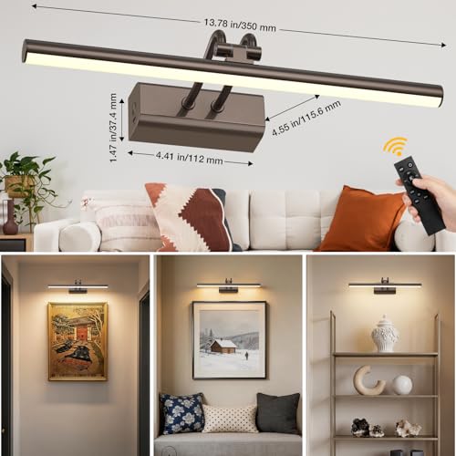 Picture Lights for Wall, Rechargeable Wireless Remote, 14in Dimmable Magnetic LED Art Display Light with 3 Color Temperatures for Gallery, Living Room, Bedroom, Hallway(Brown) - color: Brown, size: 13.8Inch
