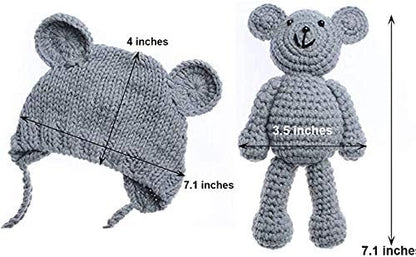 ECYC Newborns Crochet Beanie with Bear Doll Baby Picture Outfits Photography Bat - color: Navy