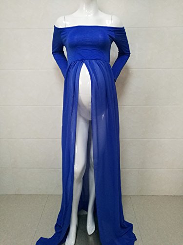 ZIUMUDY Maternity Maxi Chiffon Photography Dress Split Front Gown for Photoshoot - color: Blue