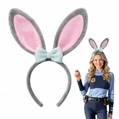 Gray Bunny Ears Headband with Purple Bow, Soft Plush Rabbit Ear Hairband, Easter Theme Party Accessory for Adults