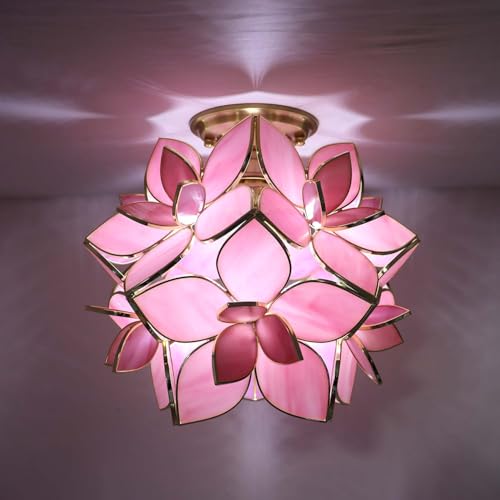 Bieye L10924 Flower Petals Tiffany Style Stained Glass Close to Ceiling Light for Home Decor (Pink, 12" Rose Lily) - color: Pink, size: 12" Rose Lily
