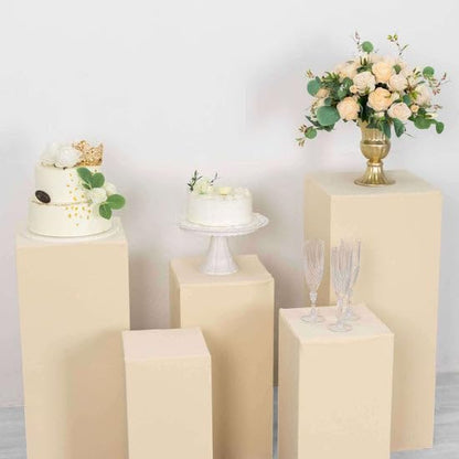 Efavormart Set of 5 Beige Spandex Rectangular Plinth Display Box Stand Covers, Stretchable Pedestal Pillar Prop Covers - 160 GSM