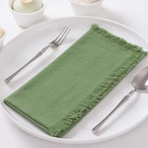 DeZerlor 12 Pack Sage Green Cotton Linen Napkins with Fringe Summer Cloth Napkins Set of 12 Boho Handmade Dinner Napkins Bulk for Wedding Bridal Baby Shower Parties, 17 x 17 Inches - color: Sage Green, size: 17" x 17" (Set of 12)