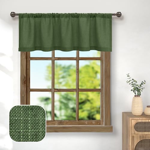 Pitalk Olive Green Boho Window Valance for Kitchen 3 Inch Rod Pocket Semi Sheer Light Filtering Farmhouse Dark Green Linen Valance Curtain Topper for Bedroom Living Room Bathroom 18 Inch Length Loden - color: Olive Green
