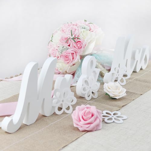 Mr & Mrs Signs Freestanding Letters - Rustic Wedding Decoration for Anniversary & Showers (White W/flower pads) - color: White with flower pads